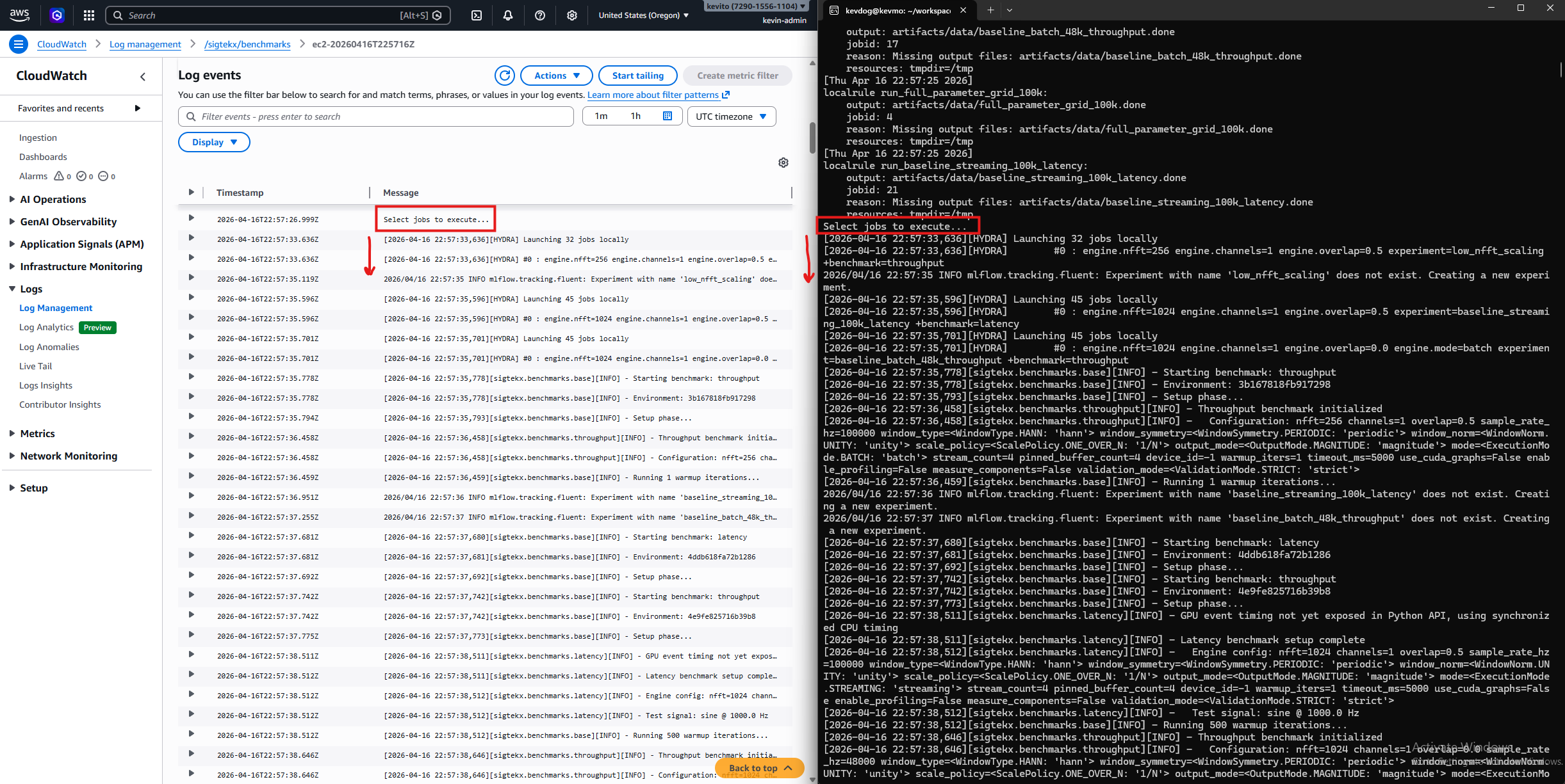 CloudWatch log streaming alongside WSL2 terminal output